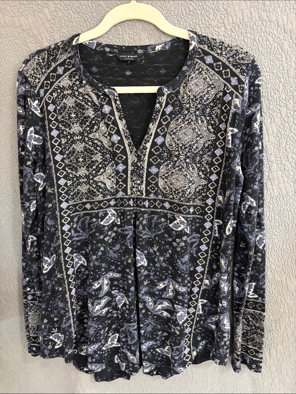 Lucky Brand Navy and Cream Printed Split-Neck Long Sleeve Top
